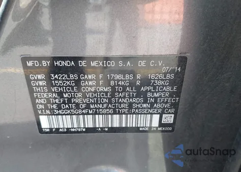 2015 Honda Fit Ex from USA, damaged, VIN 3HGGK5G84FM715856